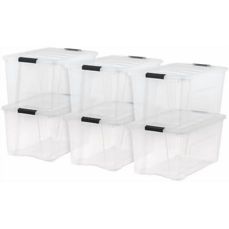 USA 72 Qt Stackable Plastic Storage Bins with Lids, 6 Pack - BPA-Free, Made in USA - See-Through Organizing Solution, Latches, Durable Nestable Containers, Secure Pull Handle - Clear