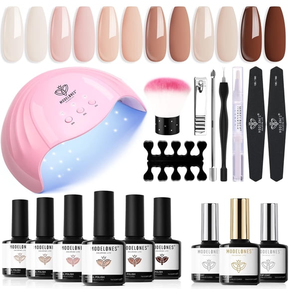 Modelones Gel Nail Polish Kit with UV Light 48w Led Lamp Starter Kit, 6 Colors Nude Neutral Gel Polish Soak Off UV Gel Nail Polish Set Base & Top Coat Professional Tools For Beginners