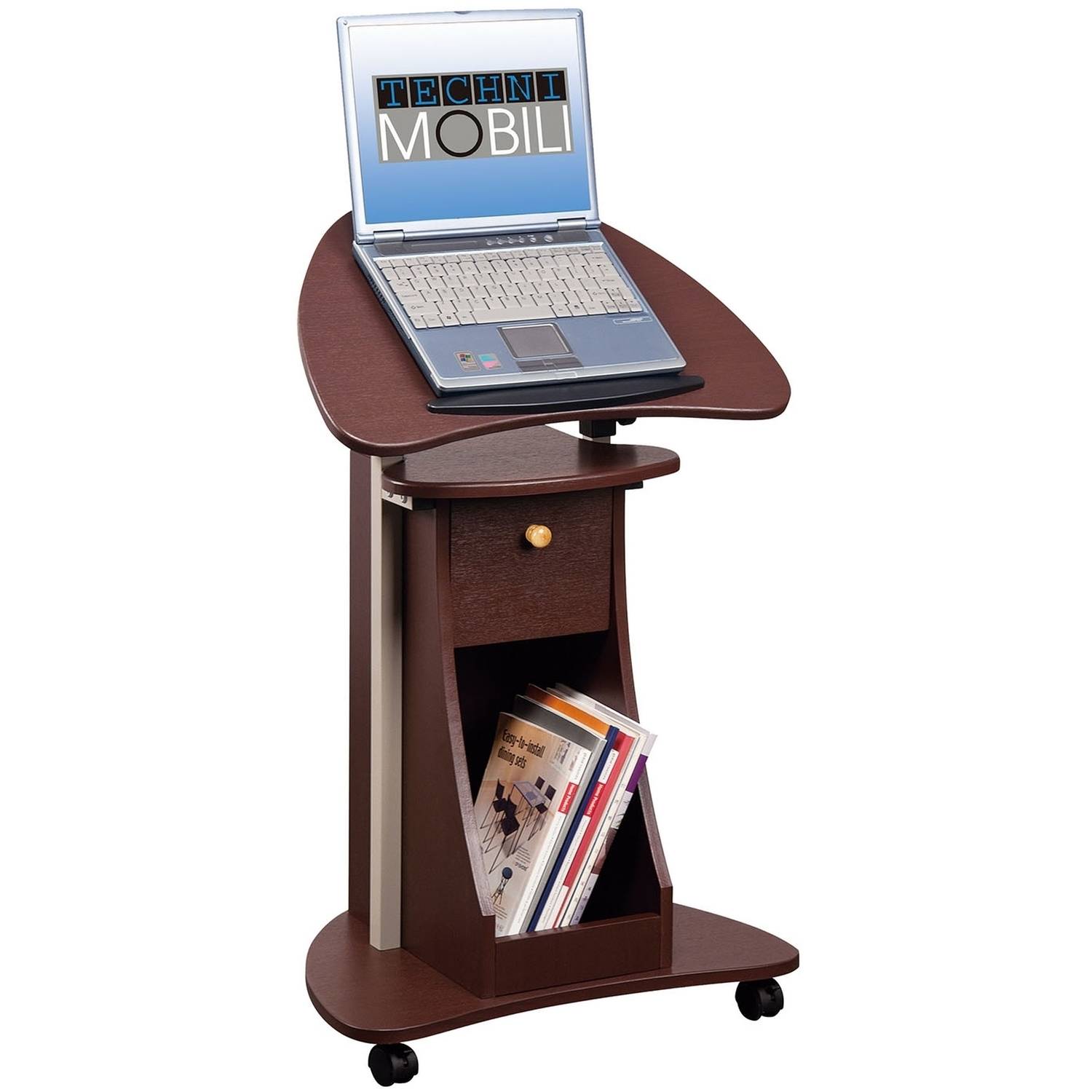 Rolling Adjustable Laptop Cart with Storage Chocolate Techni Mobili