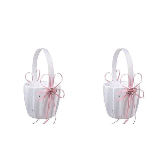 Inteprter Cesta de boda portátil para niñas, portador de anillos, soporte de flores de diamantes de imitación, ceremonia, cumpleaños, Rosado 2Conjunto