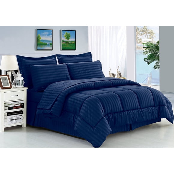 Mocassi Wrinkle Resistant - Silky Soft Dobby Stripe Bed-in-a-Bag 8-Piece Comforter Set --HypoAllergenic - King Navy Blue