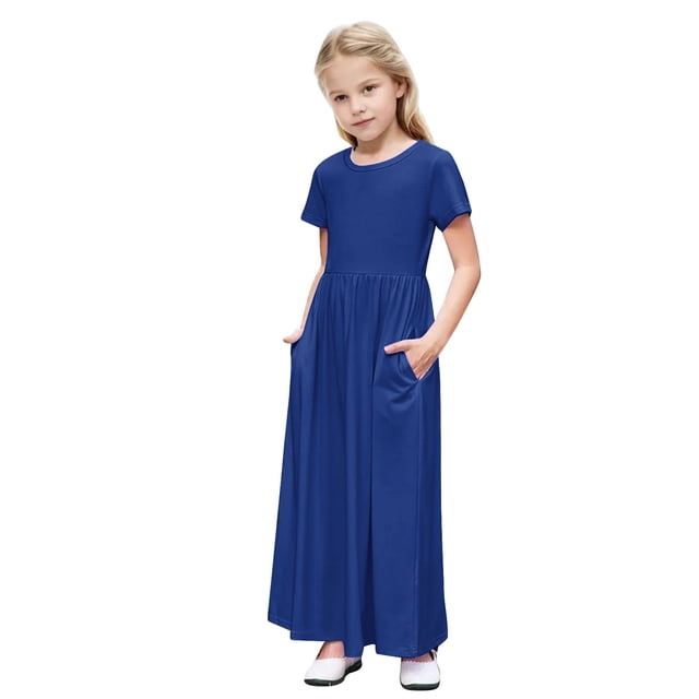 biudgviw Robe Maxi pour Filles à Manches Courtes, Col Ras du Cou, Couleur Unie, Robe Trapèze Décontractée, Robe d'Été Longue avec Poches