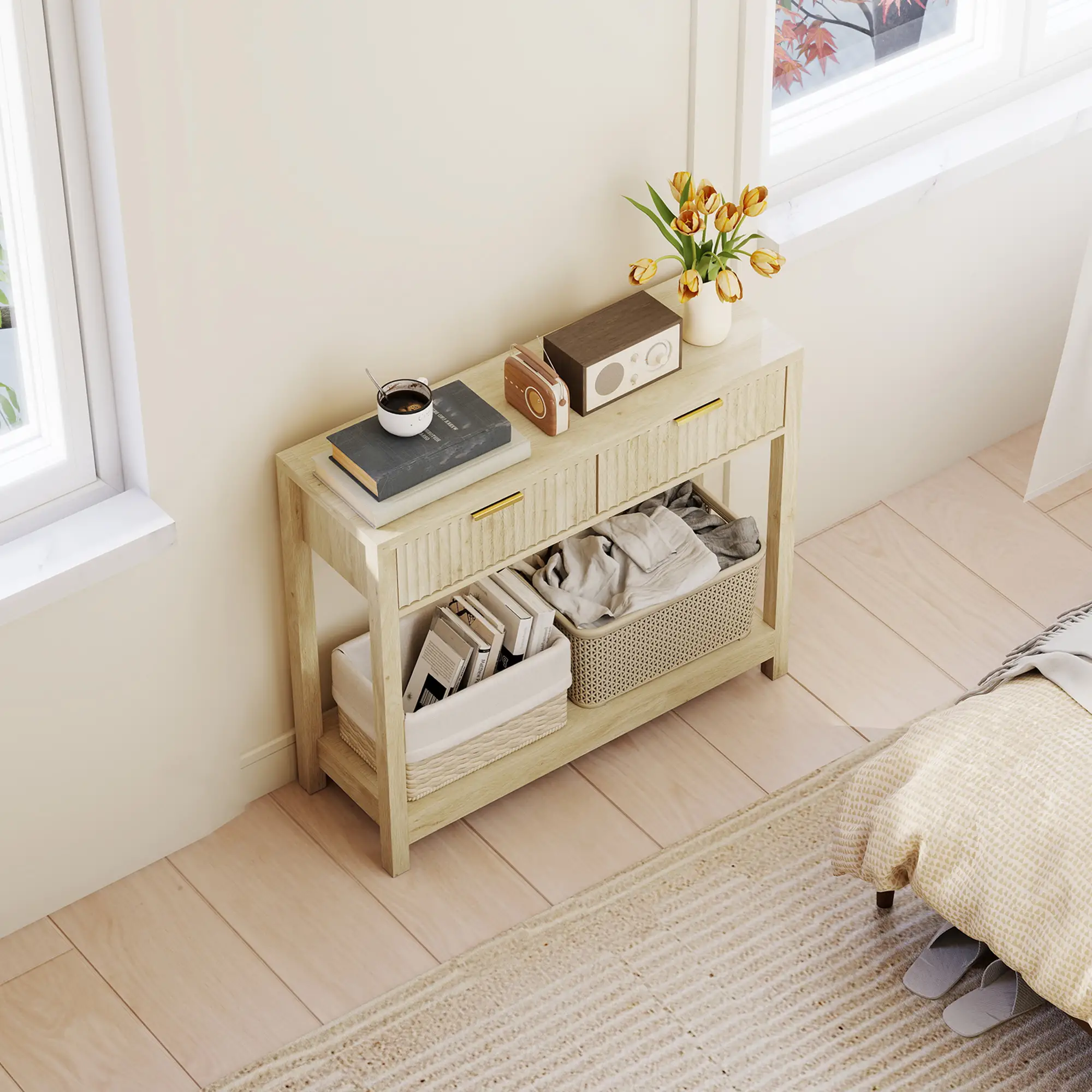 Natural Wood Console Table with 2 Fluted Drawers and Open Shelves, Modern Entryway Table with Anti-Tip Kit for Hallway Living Room Bedroom