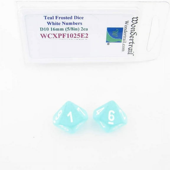 Teal Frosted Dice with White Numbers D10 Aprox 16mm (5/8in) Pack of 2 Wondertrail