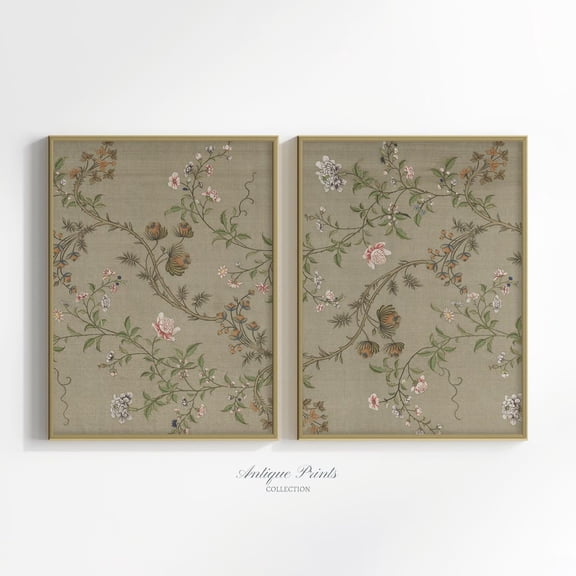 UNFFRAMED Botanical Posters Set, Neutral Floral Wall Art, Vintage Cottage Art, Floral Pattern Textile, Farmhouse Decor Set 2 Prints 8x12