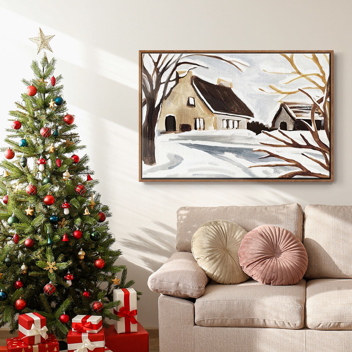 Winter Cottage II - Framed Gallery Wrapped Holiday Canvas - 25 x 37 - Rosewood Frame
