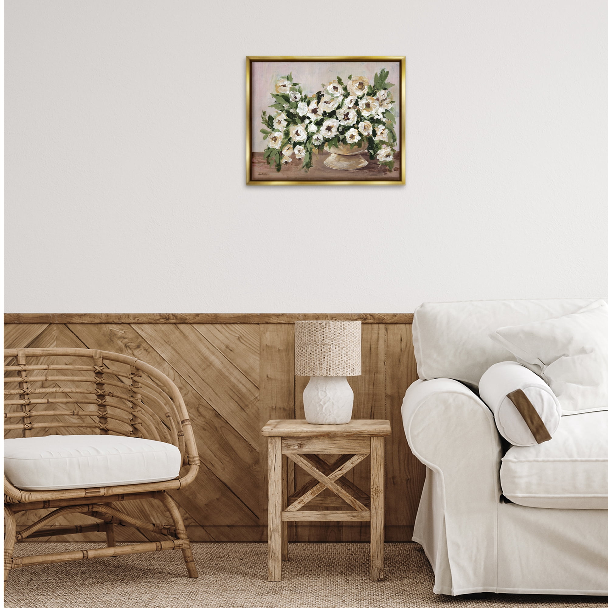 Stupell Industries Traditional Beige Flowers Plants & Flowers Painting Gold Floater Framed Canvas Art Print Wall Art, 21 x 17