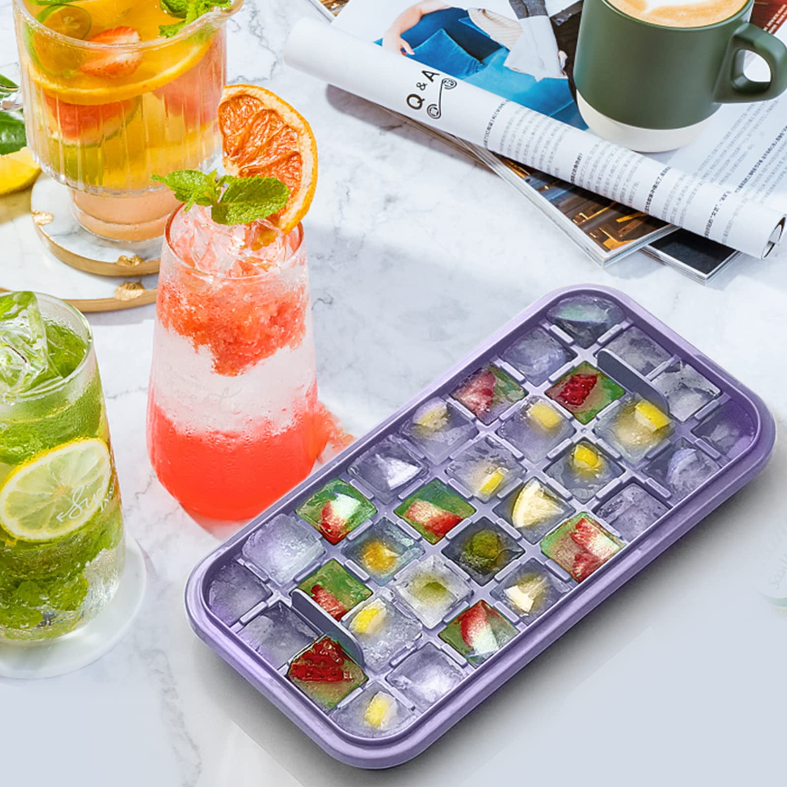 Ice Cube Tray With Lid And Bin For Freezer  2 Pack 64 Mold (purple)