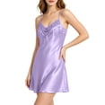 thumbnail image 6 of Shrysg Women's Satin Silk Sleepwear Sexy Lingerie Nightgown Sleeveless V Neck A-Line Chemise with Floral Lace Trim Purple, 6 of 6