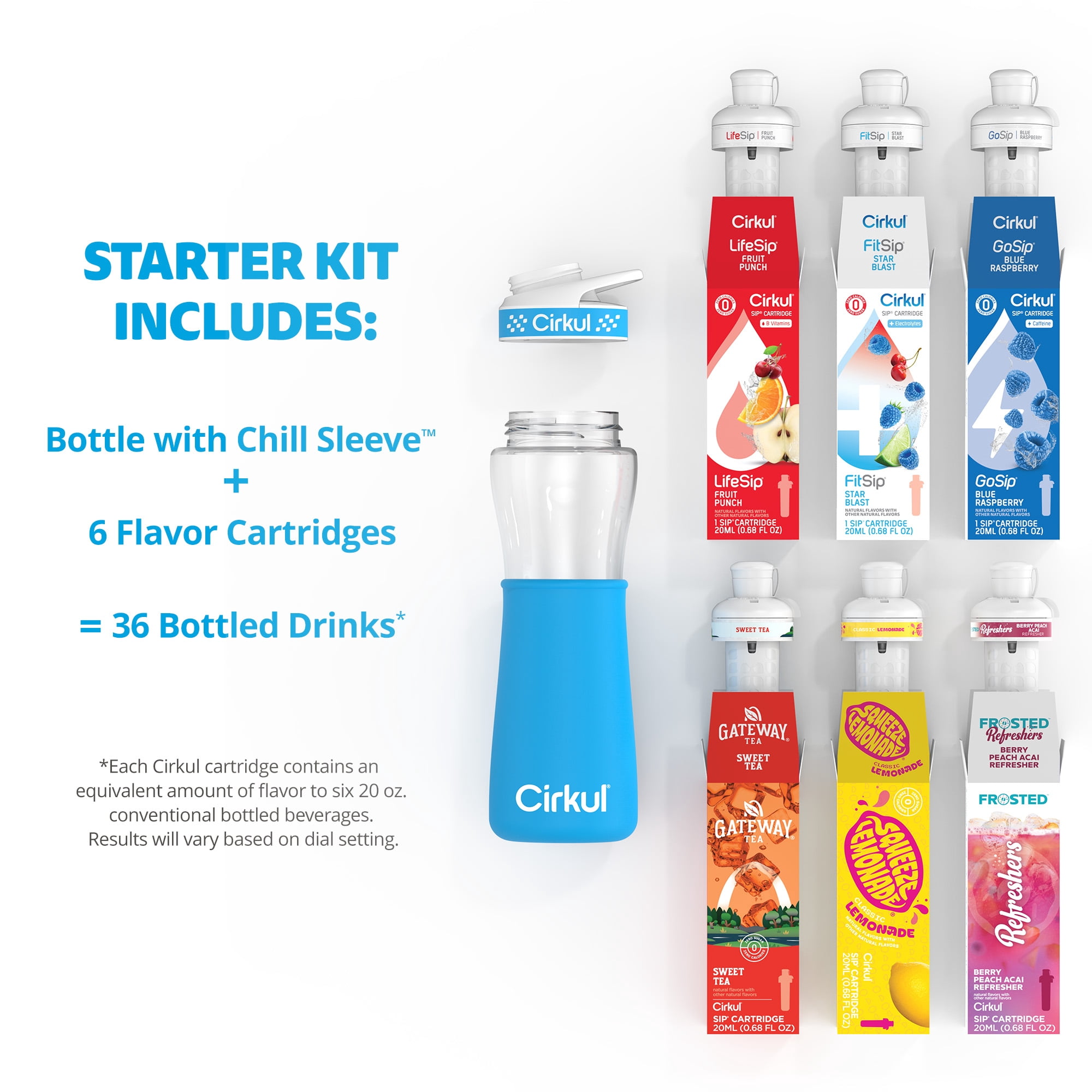 Cirkul 22 fl oz Plastic Bottle and Blue Chill Sleeve Value Pack with 6 Flavor Cartridges