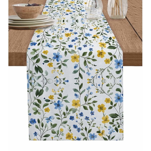 Ldtrchee Blue Yellow Floral Spring Table Runner 72 Inches, Pastoral Summer Botanical Green Bed Runner Dresser Scarves Tabletop for Indoor Outdoor Parties/Ceremony/Banquet, 16" x 72"