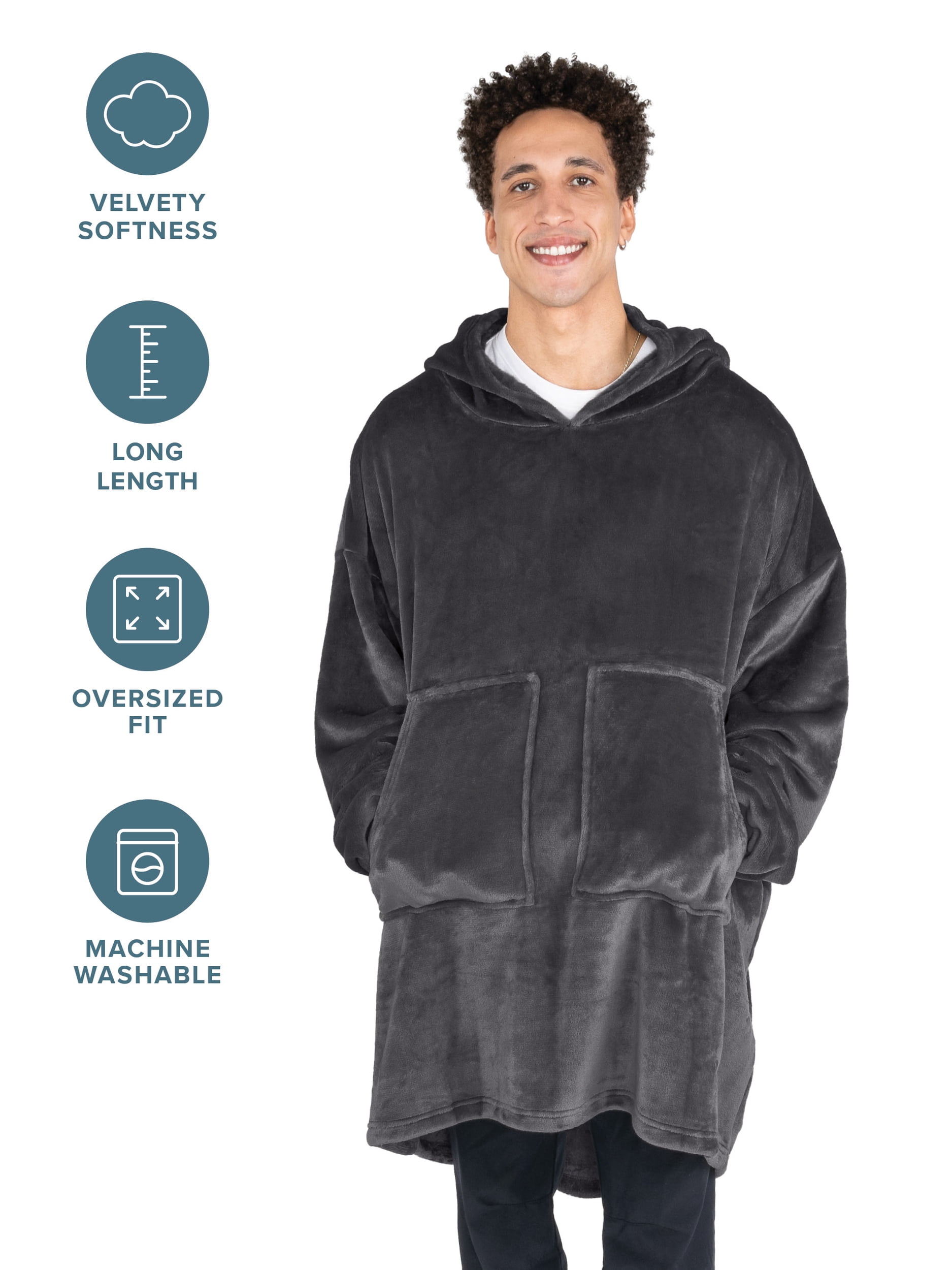 Bare Homey B-Warm Adult Size Microplush Wearable Blanket, Split Front Pocket, Forged Iron Gray