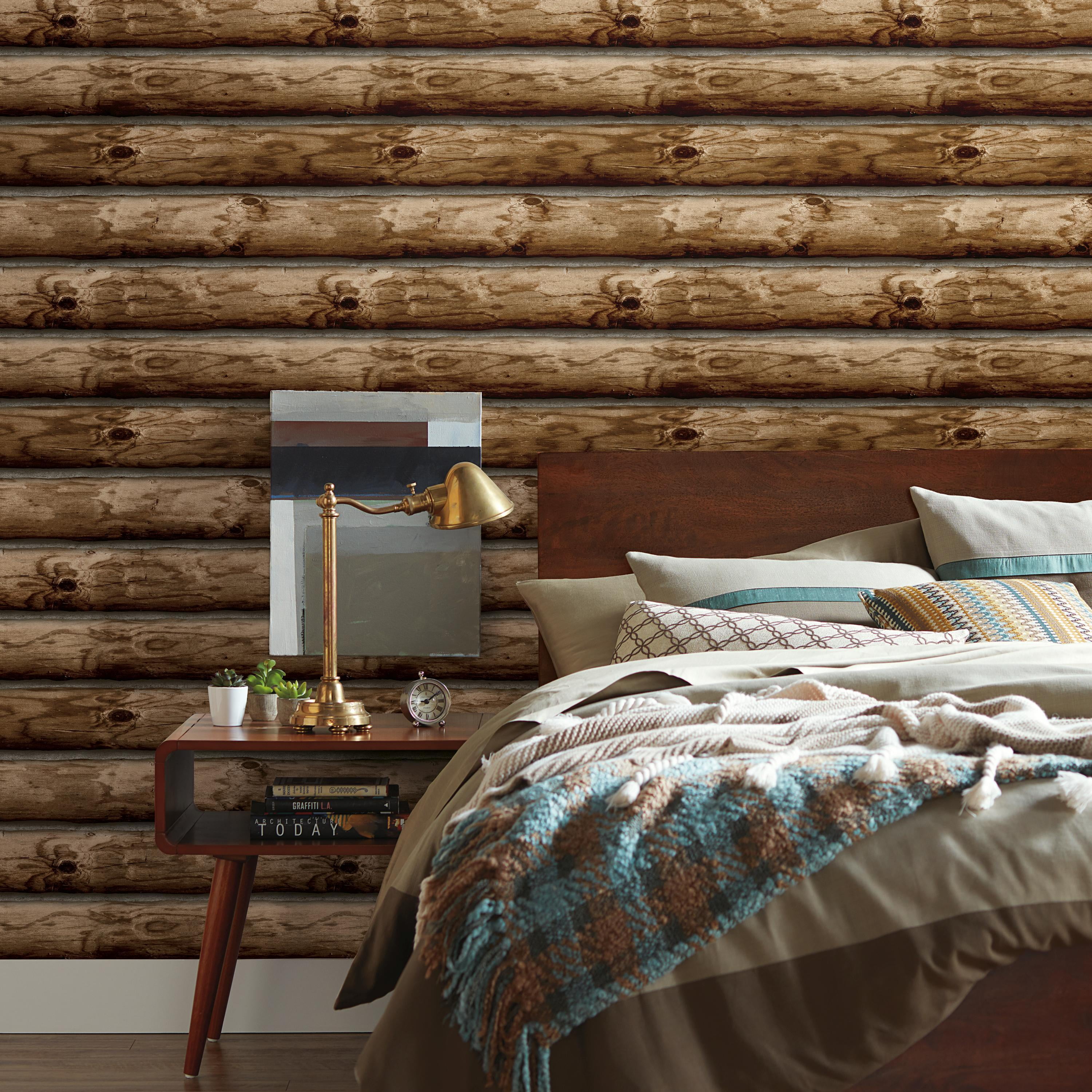 RoomMates Brown Cabin Logs Peel and Stick Wallpaper Wood