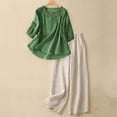 thumbnail image 2 of JFGHDG 2 Peice Linen Sets Long Lounge Pant Loose Gauze Tunics Boho Peasant Tops Wide Leg Linen Pants Breathable Blouses Top Beach Pants for Women 3/4 Sleeve Embroidered Tops Matching Set Green L, 2 of 7