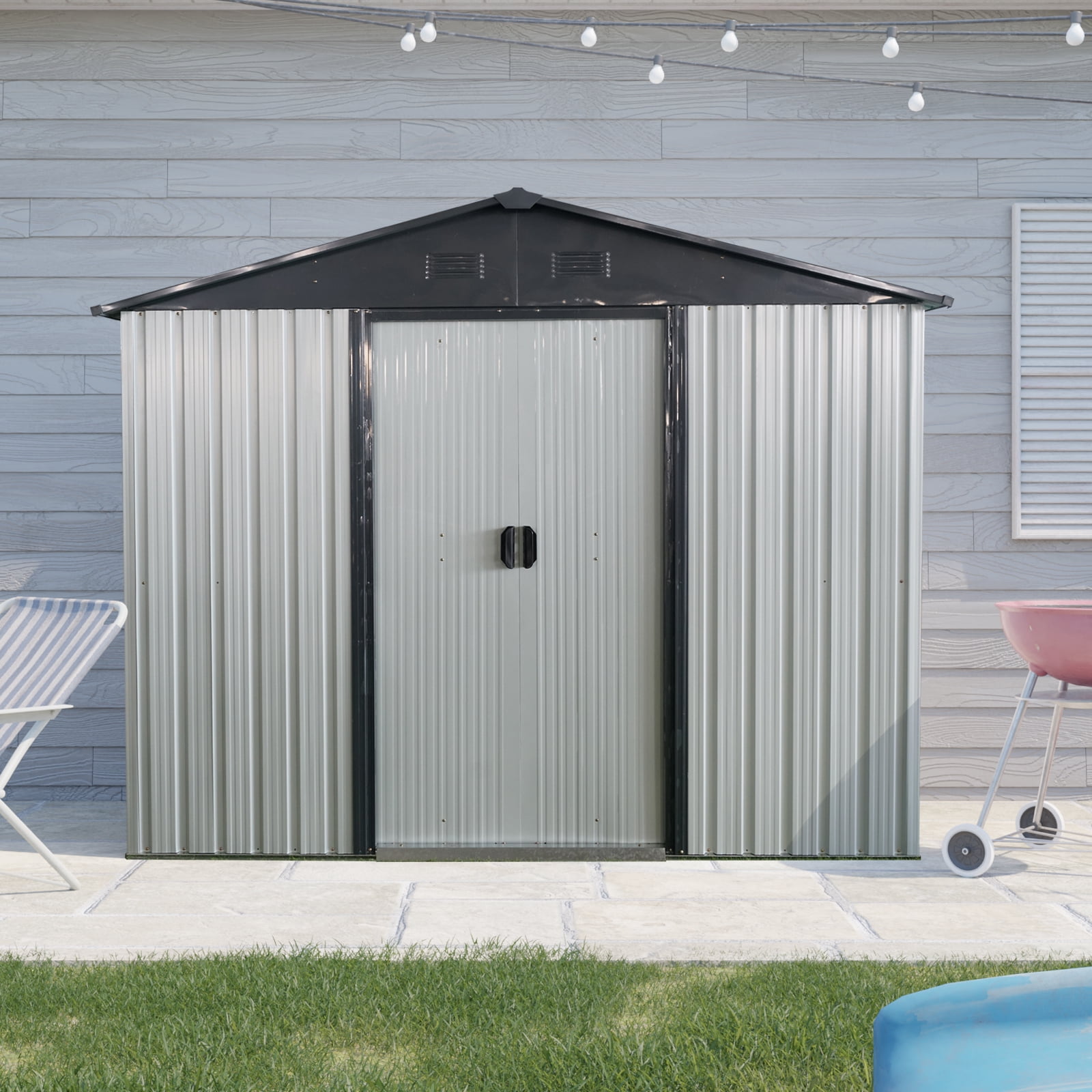 Alvantor 8 x 4 FT Outdoor Storage Shed Metal Garden Shed with Sliding Door and foundation for Backyard, Garden, Coffee