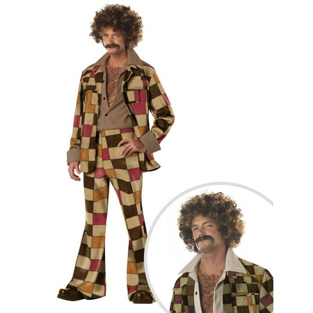 Disco Sleazeball Men's Costume and Black and Brown Wig and Moustache Disco Dirtbag Kit