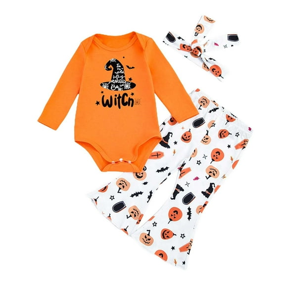 Otqutp Baby Cute Bodysuits Toddler Girl Long Sleeved Hat Print Top Pumpkin Pattern Flare Pants Headband Set for 1 To 18 Months Elastic Pants 3PCS Fall Winter Clothes