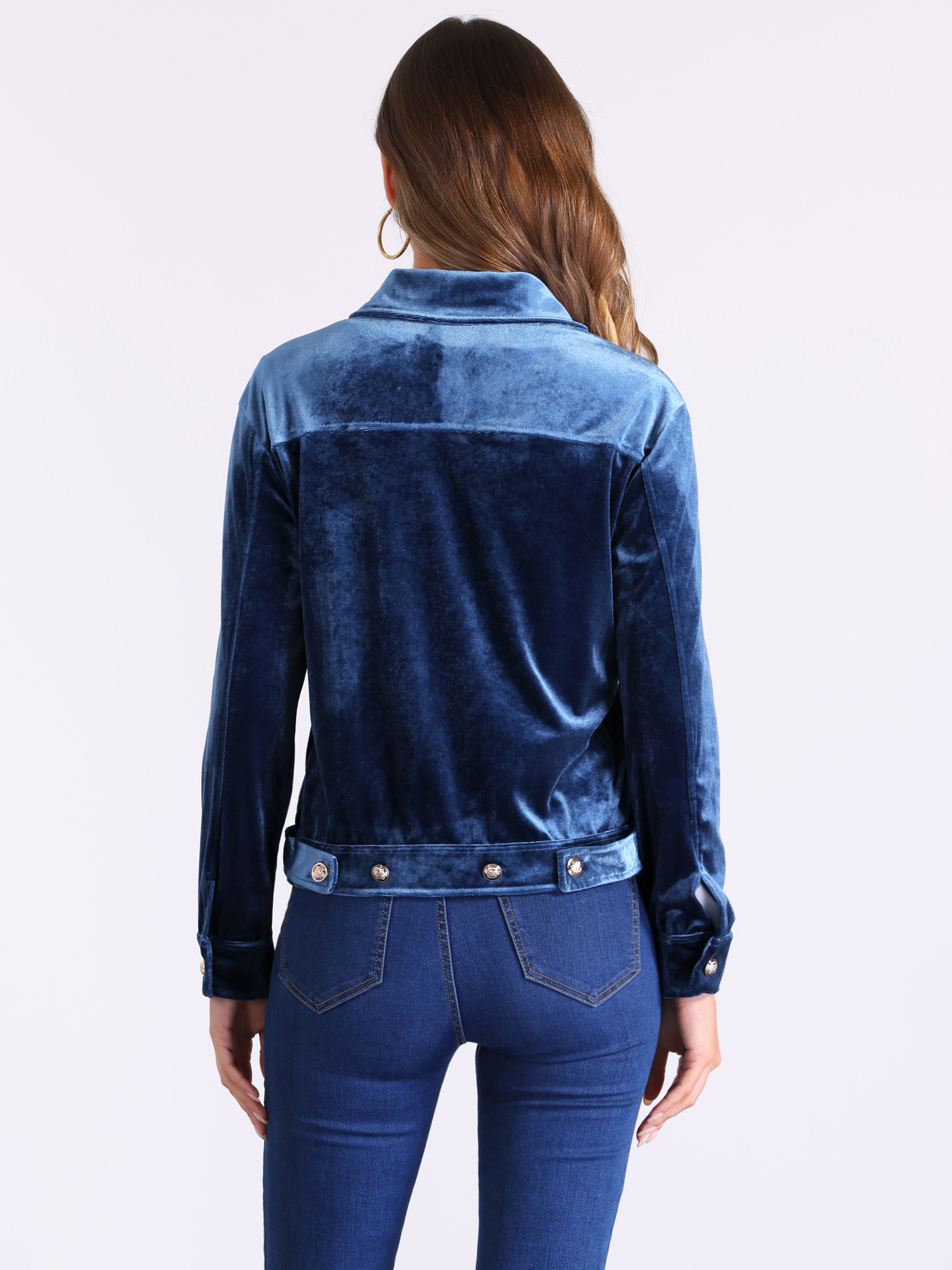 DARING DIVA Stylish Velvet Button-Up Long Sleeve Jacket S Navy Blue