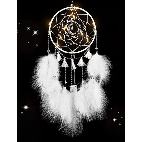 kit d'Artisanat avec Carillons Éoliens et Chapeau Attrape-Rêves, Décoration Plume, Pendentif LED (Blanc)