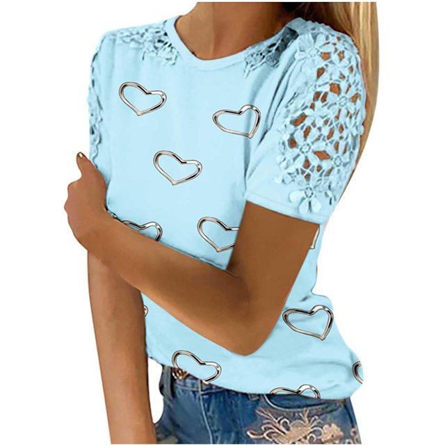 Fiudx Ofertas Flash Artículos En Oferta Mujeres Casual Impresión Cuello Redondo Encaje Ahueca Hacia Fuera Manga Corta Jersey Blusa Camiseta Tops