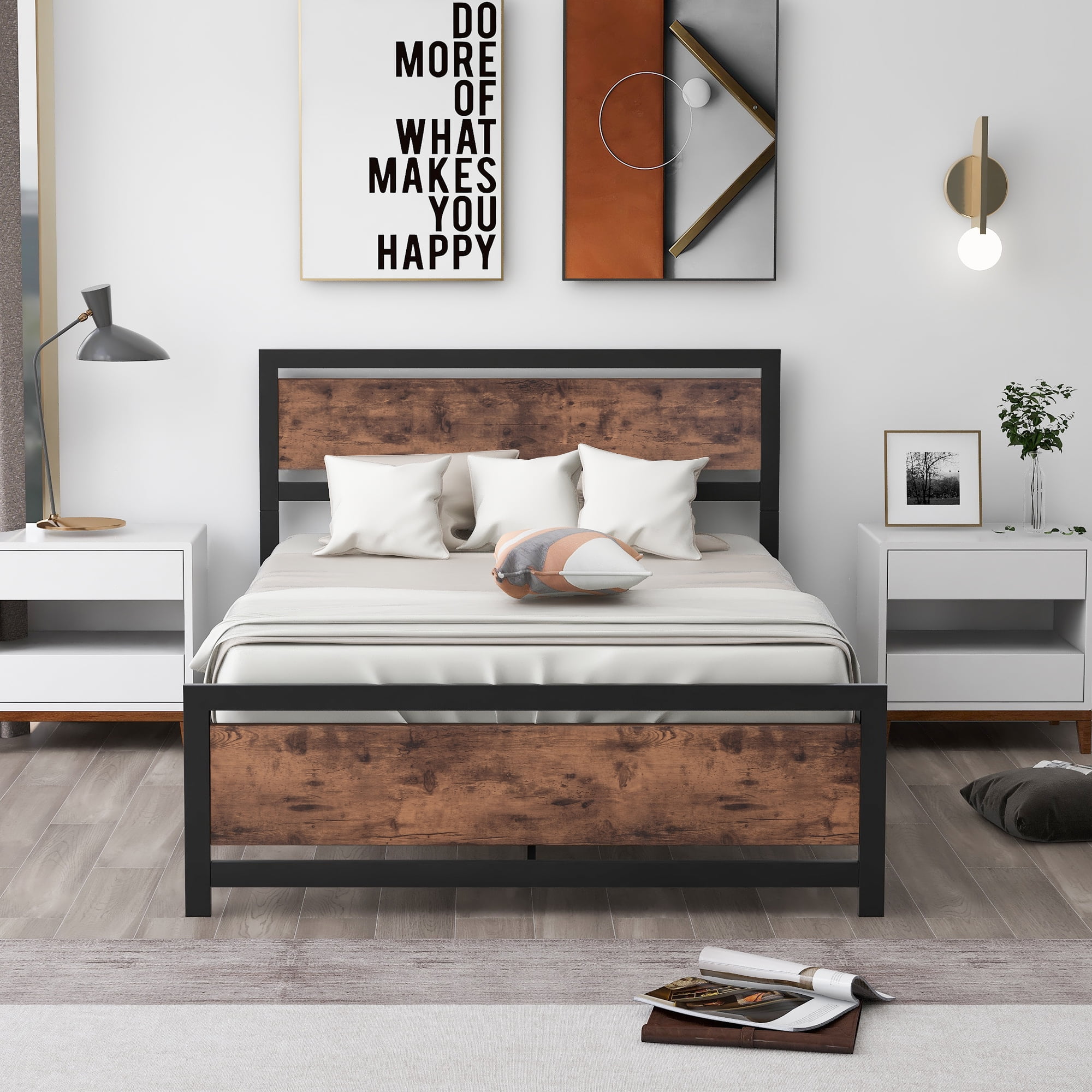 Full Bed Frame with Headboard, Industrial Style Full Size Beds for Kids