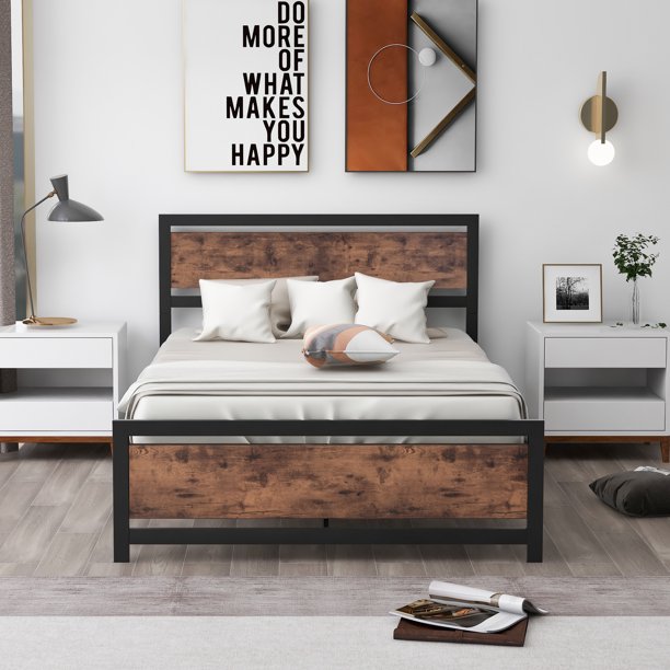 Full Bed Frame with Headboard, Industrial Style Full Size Beds for Kids