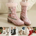 thumbnail image 2 of Snow Boots for Women Xmas Tree Embroidery Casual Suede Plush Mid Calf Lug Sole Stacked Heel Long Boots Winter Holiday Christmas Dress Booties, 2 of 6