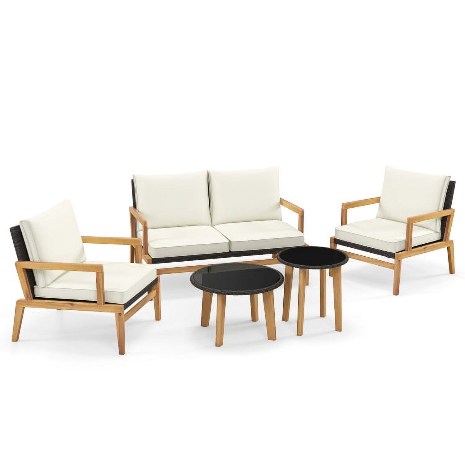 GVN 5 Piece Rattan Furniture Set Wicker Woven Sofa Set, Deluxe Outdoor Patio with 2 Tempered Glass Coffee Tables-Off White GVN 5 Piece Rattan Furniture Set Wicker Woven Sofa Set, Deluxe Outdoor Patio with 2 Tempered Glass Coffee Tables-Off White