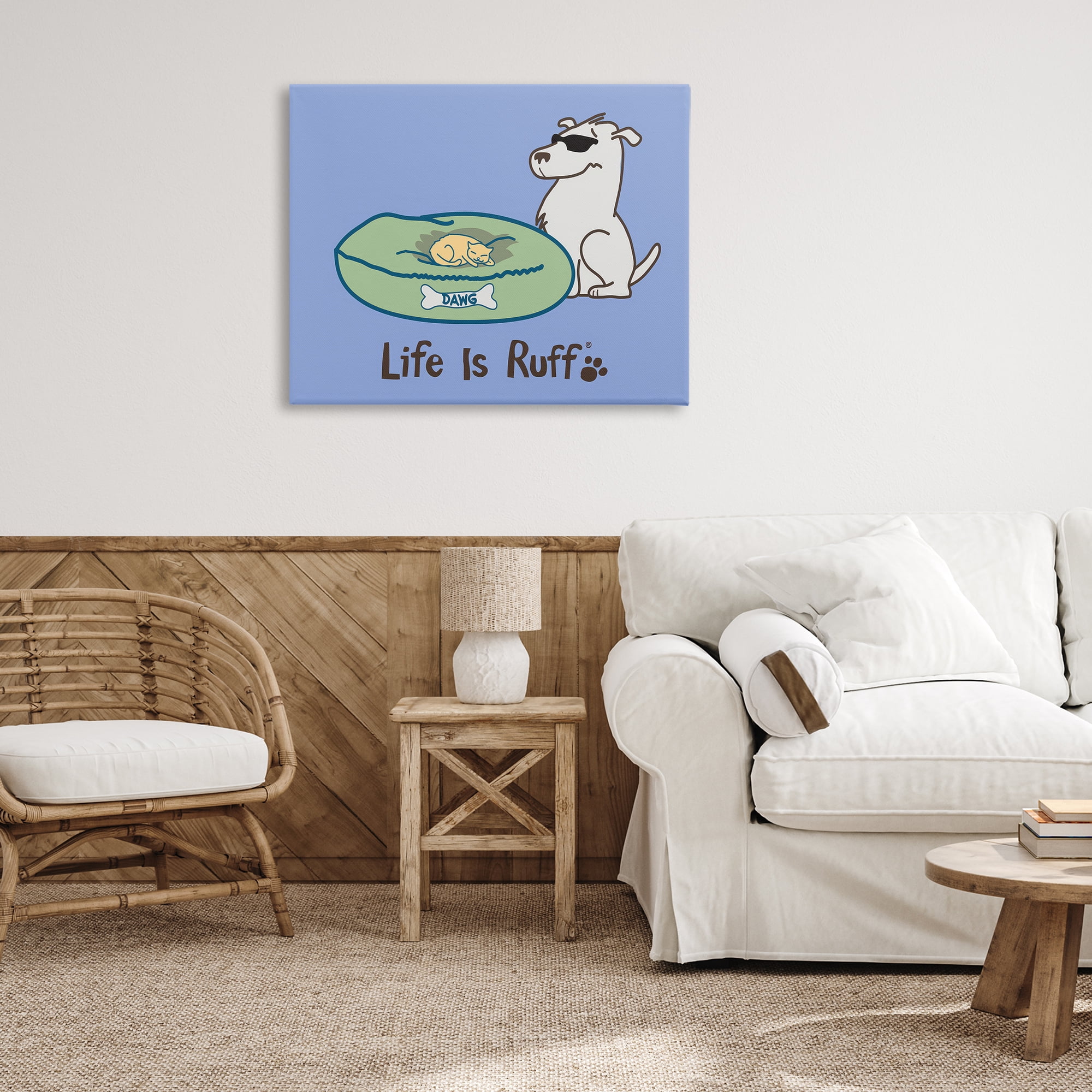 Stupell Industries Cat on Dog Bed Animals Painting Wrapped Canvas Art Print Wall Art, 40 x 30