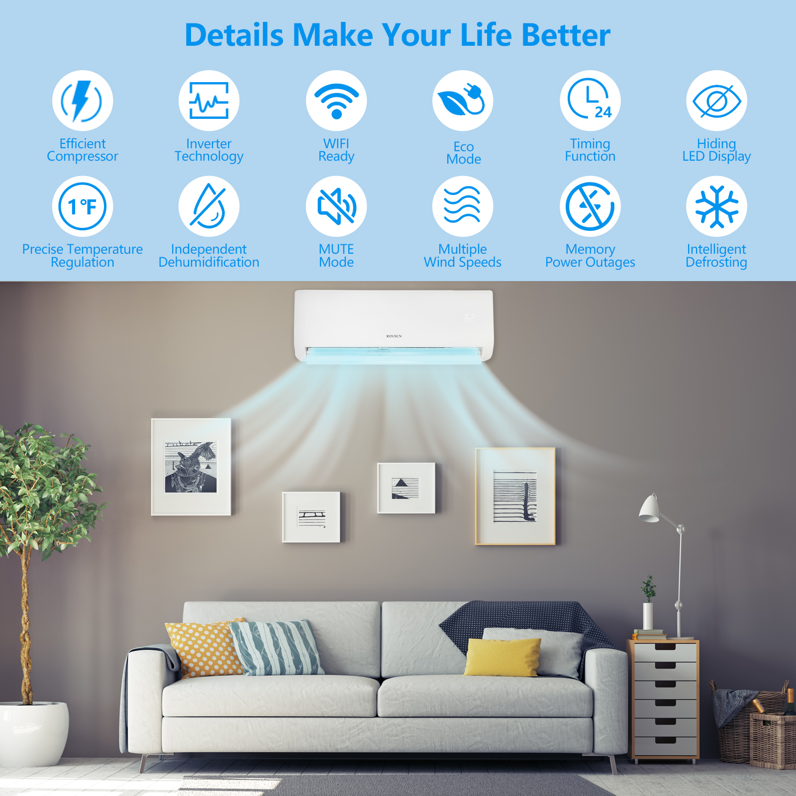 VINGLI Wifi Enabled 9,000 BTU Mini Split AC/Heating System with Inverter, 19 SEER 115V Energy Saving Ductless Split-System Air Conditioner with Pre-Charged Condenser, Heat Pump & Installation Kit
