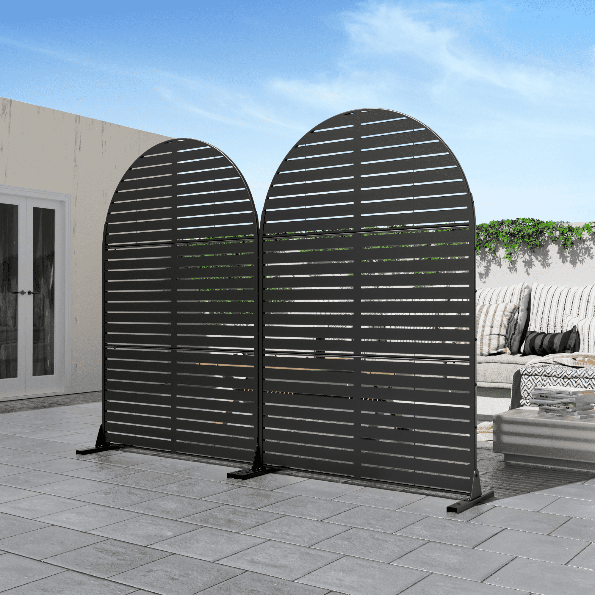 MAYEERTY 72*47" Outdoor Black Arched Metal Privacy Panel Screen for Patio, Classic Louvered