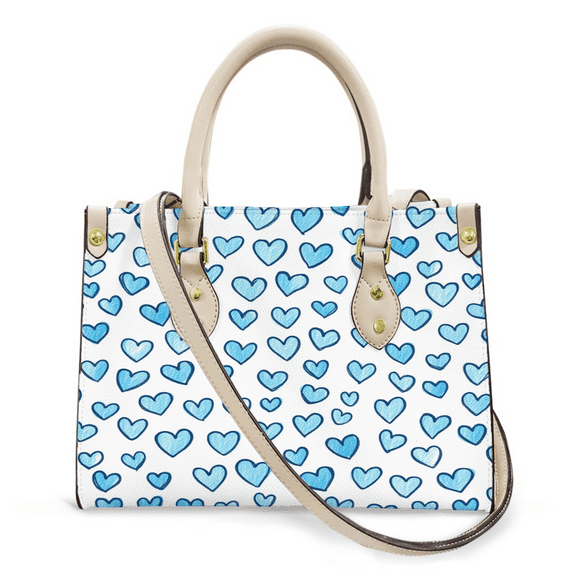 Purse Tote Bag for Women Leather Handbag, Satchel Shoulder Crossbody Top Handle Bags for Work Travel, Blue Heart , WHITE
