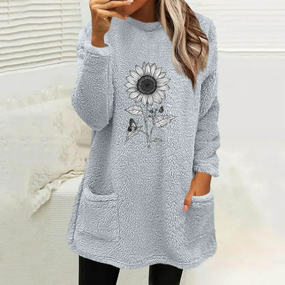 Cxenplz Oversized Sweatshirt for Women Plus Size Crew Neck Sherpa Fleece Sweatshirts Cute Print Winter Long Sleeve Graphic Tops Pockets