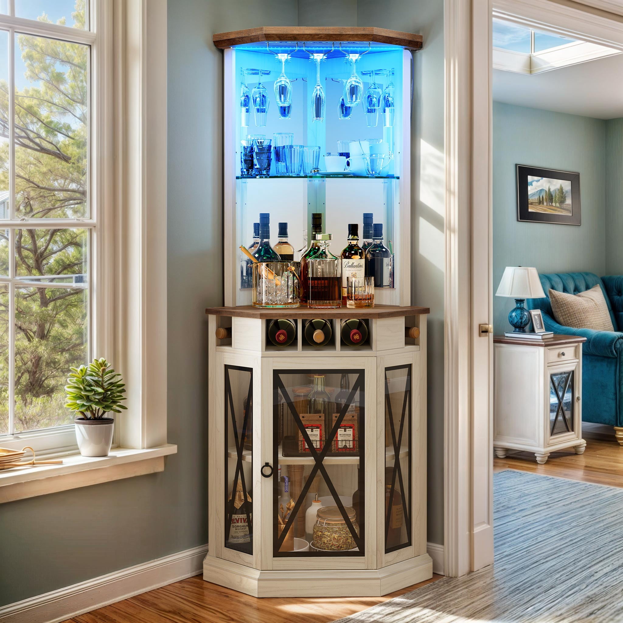 Dextrus Corner Storage Cabinet with Door & Led Light, 72" Tall Corner Bar Cabinet with Adjustable Shelves