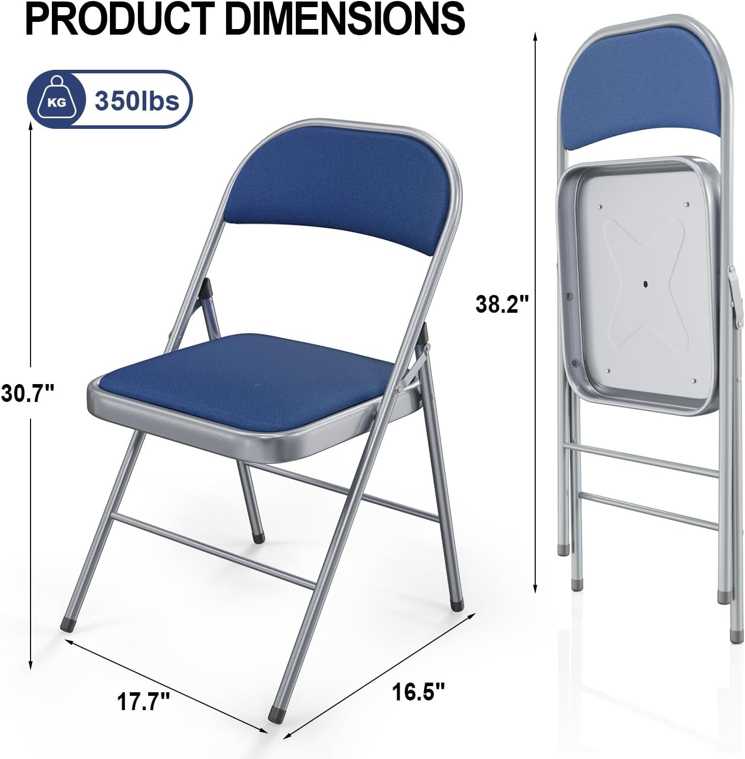 VINGLI Folding Chairs with Padded Seats, Metal Frame with Fabric Seat & Back, Capacity 350 lbs, Blue, Set of 6
