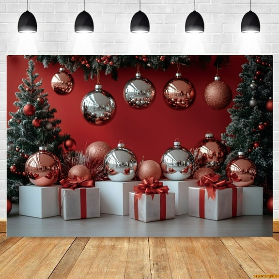 Merry Christmas Backdrop Silver Balls Red Wall Christmas Tree Gift Kids Portrait Family Party Xmas Photography Background r