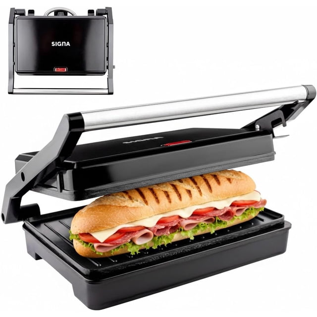 Sandwichera Paninera 750W Parrilla con recubrimiento Prensa antiadherente Cualquier grosor de pan Resistente Acero inoxidable Con Luz Indicadora (Negra)