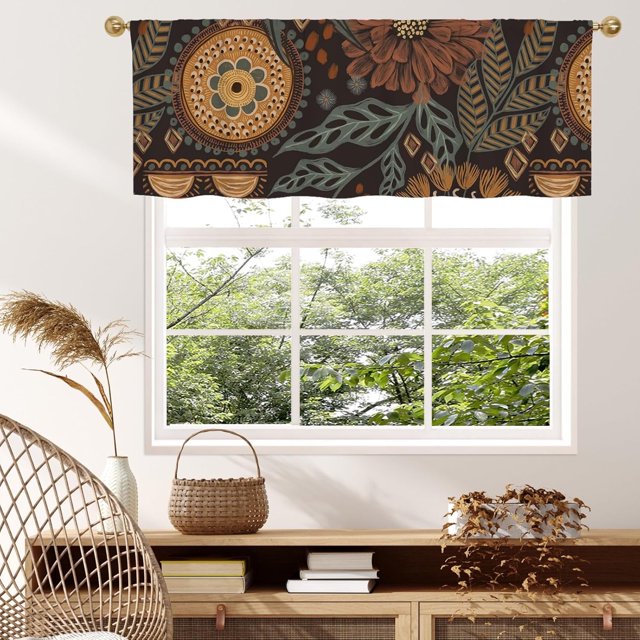 Boho Botanical Kitchen Curtains Valances, Bohemian Floral Pattern Semi Sheer Kitchen Valances for Living Room, Rod Pocket Short Window Treatment Decor, 52x18
