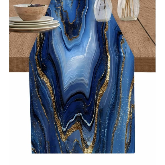 Abstract Marble Blue Table Runner-Cotton Linen- 108 Inch Holiday Dresser Scarves, Gradient Gold Ocean Wave Geometric Tablerunner for Kitchen Coffee/Dining Living Room Dinner Scarf Décor 13x108
