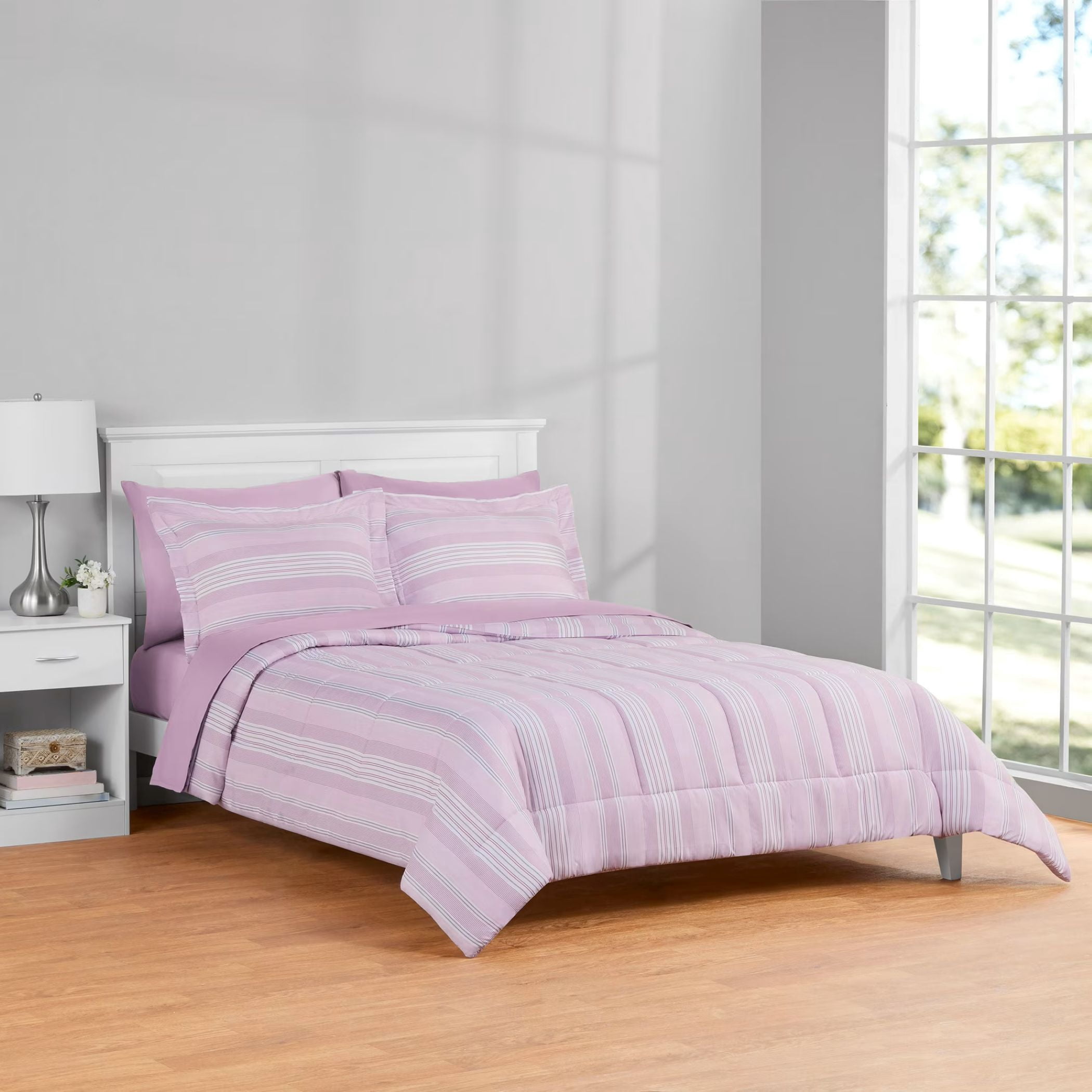 Mainstays 7-Piece Reversible Bed in a Bag Comforter and Sheet Set, Full, Purple and White Stripe