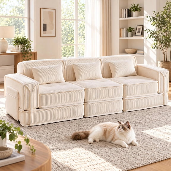 Modular Corduroy Sectional Sofa, Convertible Couch with Chaise Lounge, Beige