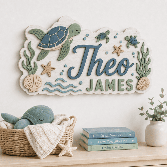 Sea Turtle Personalized Name Wooden Sign Bedroom Door Decor
