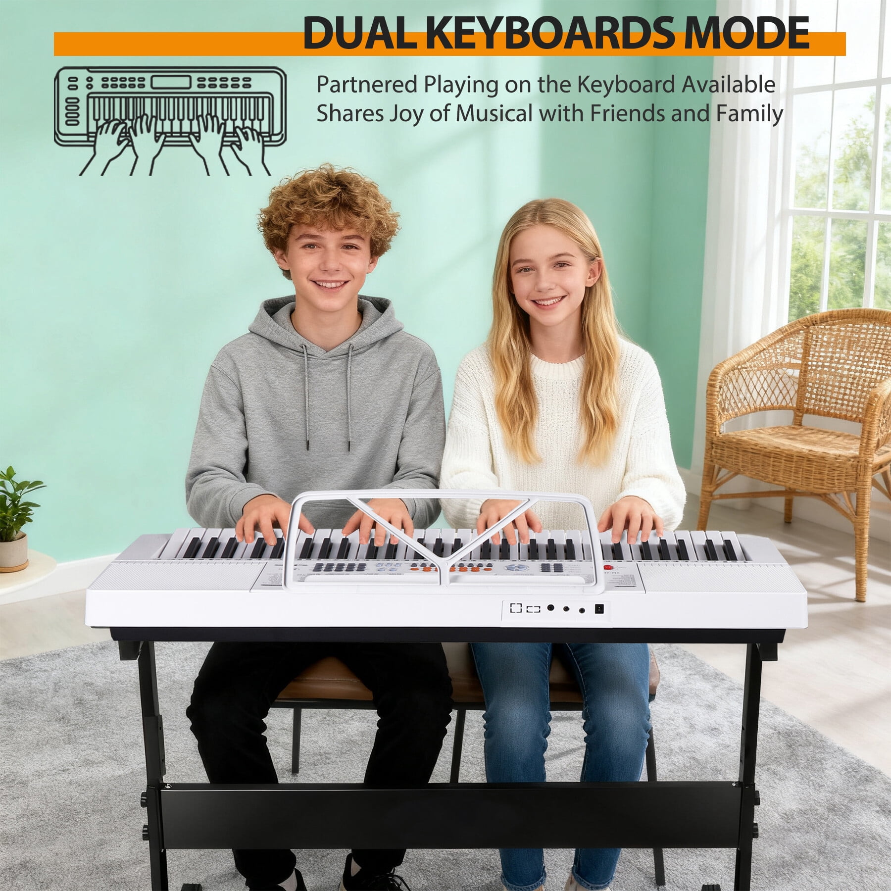 ZENY 61-Key Portable Electronic Piano LED Display Keyboard Kit W/ Music Stand, Headphones, Microphone, White