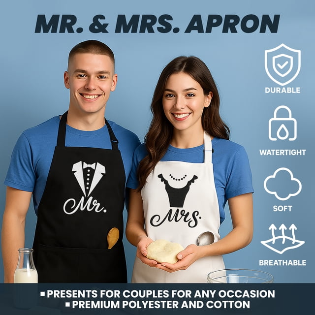 Aspire 2 PCS Embroidered Apron Set for Couples, Adjustable Cooking Aprons for Valentines, Engagement, Wedding - Wedding Dress