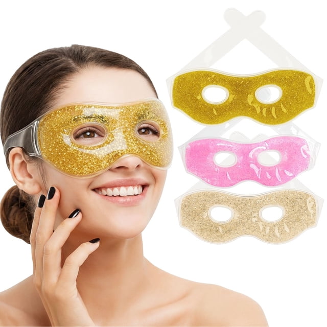 Antifaz de Gel Terapia Frío y Calor Diseño Glitter para Ojos Pack x3 | Alivio de Fatiga Ocular, Dolor de Cabeza y Estrés | Spa en Casa | Sueño y Descanso Total| Colores Rosa, Dorado y Champagne