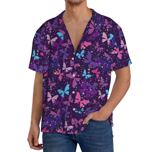 Fotbe Bright Purple Butterflies Camisa Estampada de Manga Corta para Hombre, Casual de Verano, Estilo Playero, Sin Arrugas-XX-Large