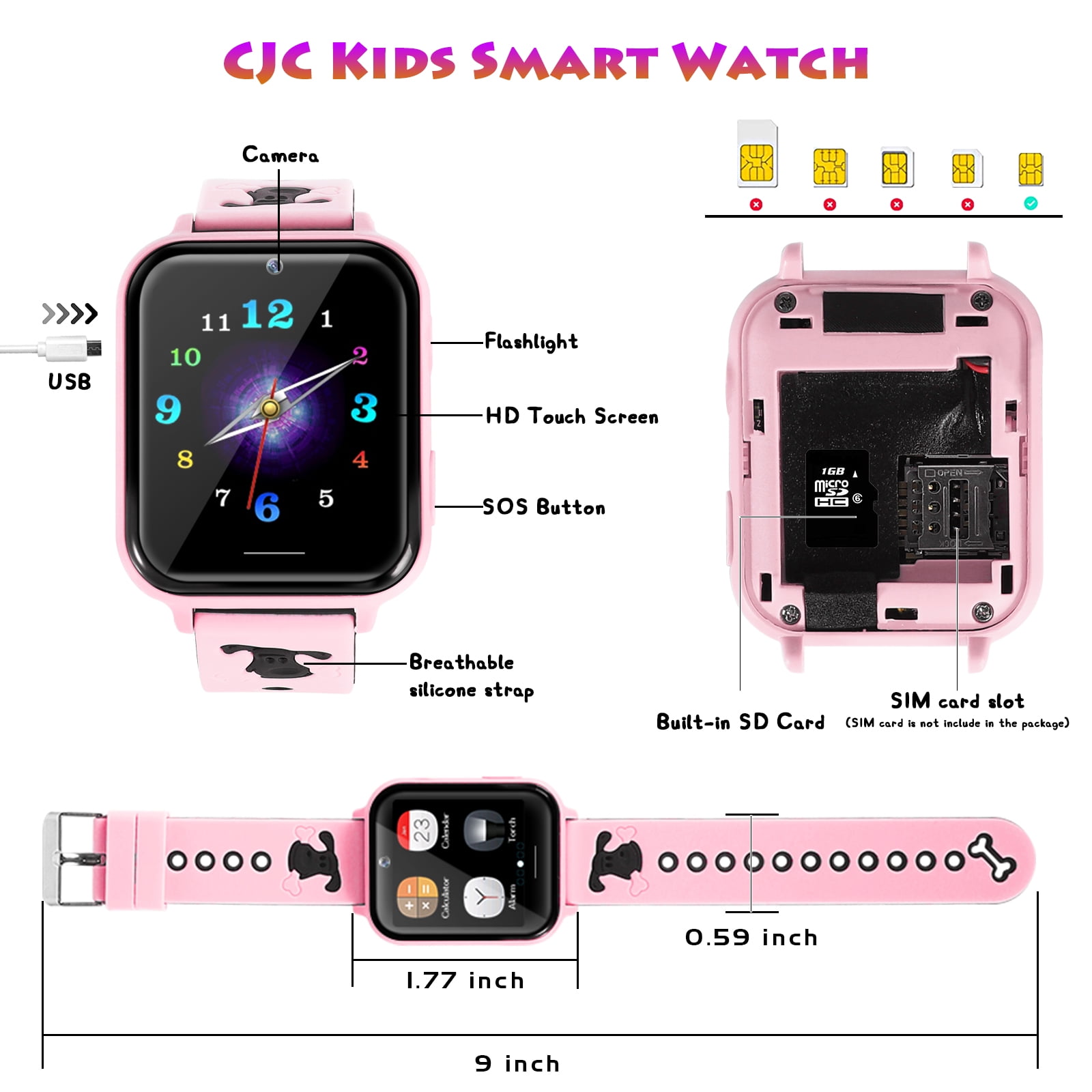 Kids Smart Watch for Boys Girls, Kids Smartwatch with Call SOS 10 Games Camera Music Player Calculator Touch Screen Wristwatch(with 1GB SD Card), Birthday Gift for Kids Aged 4-12 (Pink)