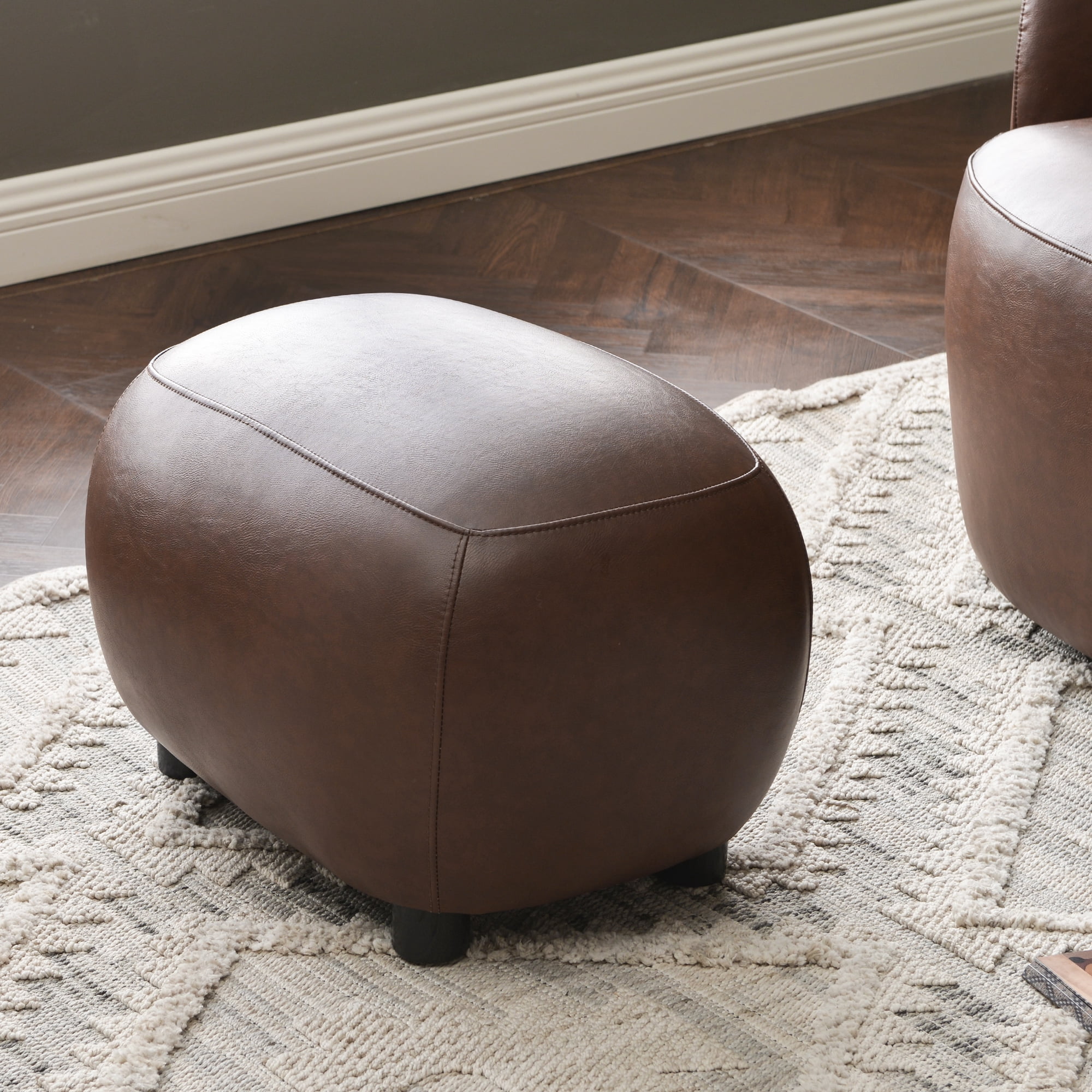 23" Wide Faux Leather Upholstered Ottoman, Mid-Century Modern Living Room Footrest with Soft Padded Seat, Footstool for Bedroom, Entryway or Living Room, Dark Brown