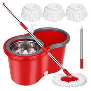 Spin Mop and Bucket with Wringer Set,Mop and Bucket Set for Floor Cleaning with 3 Mop Refills 61 inches Telescoping Mop Rod for Office and Home use,Red,(360 Mop bucket)
