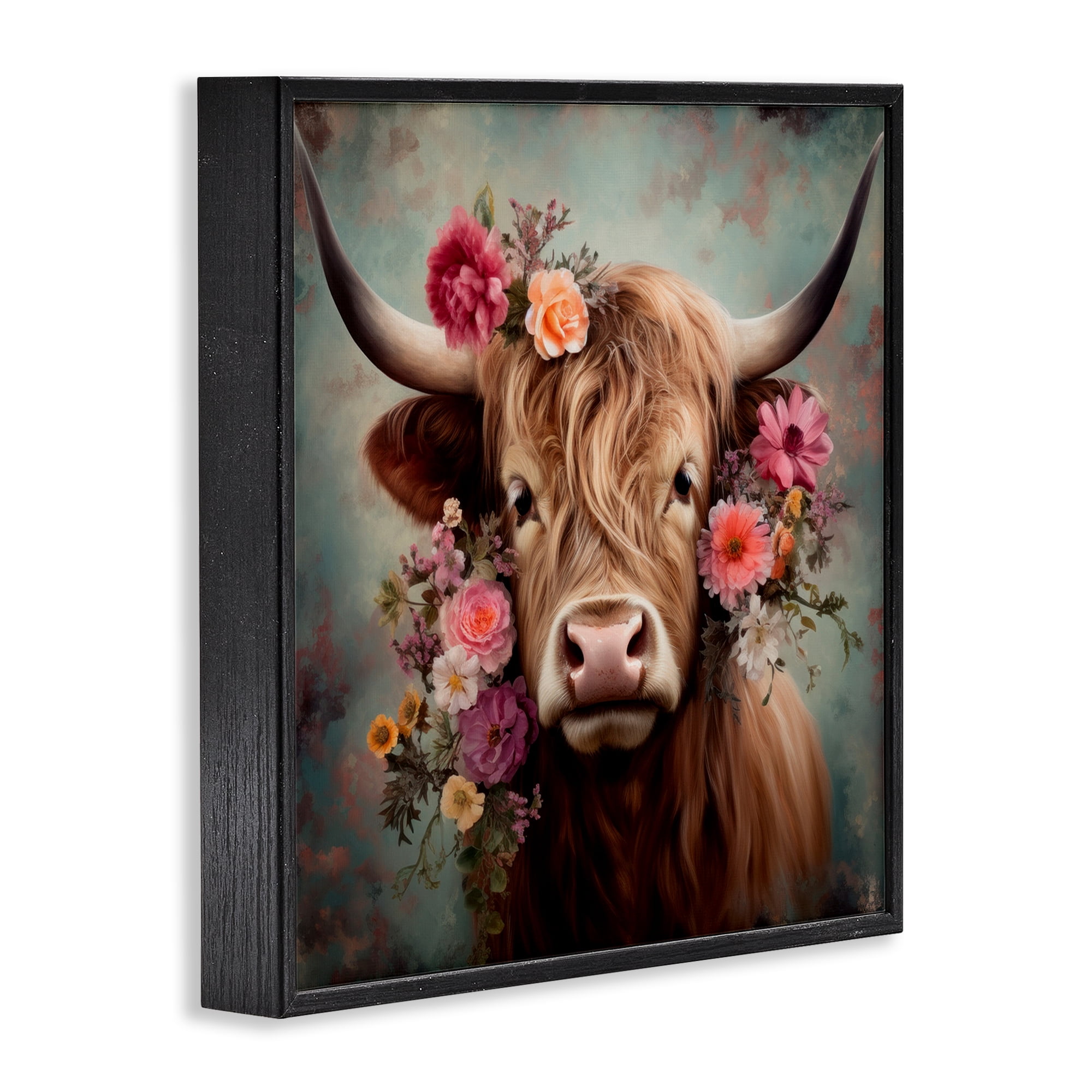 Stupell Industries Cattle with Gerbera Daisies Animals & Insects Painting Black Framed Art Print Wall Art, 17 x 17